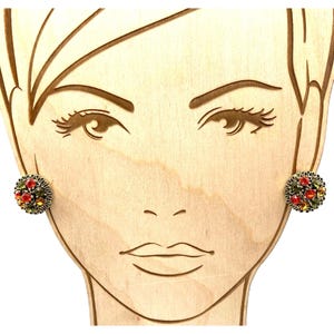 Retro Autumn Glam Earrings, Filigree Circle Frames for Bright Rhinestone Chaton Clusters in Orange, Yellow and Green, Clip On