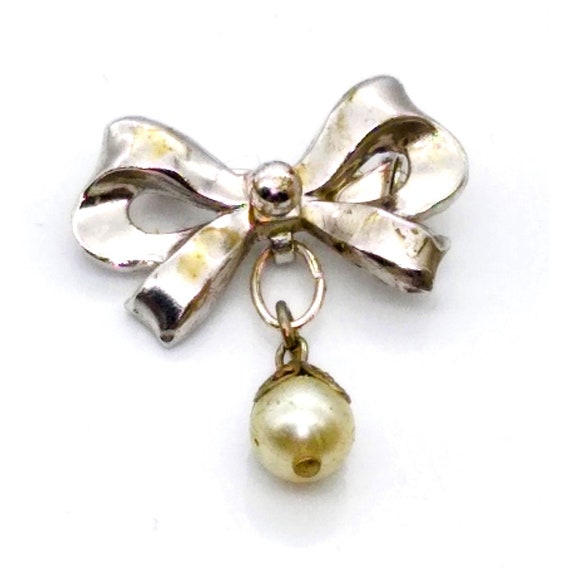 Vintage Coro Bow Brooch with Dangling Faux Pearl,… - image 1