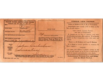 Vintage 1940s U.S. Mileage Ration Identification Folder World War II Stamps Card