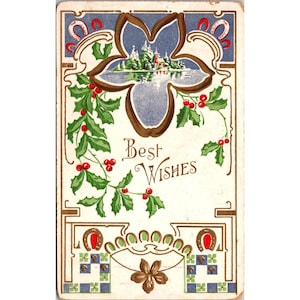 Vintage 1910 reliëfkaart met beste wensen met hulst en winters tafereel