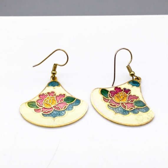 Vintage Flowers Cloisonne Dangle Earrings, Floral… - image 2