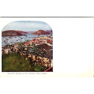 Cartolina d'epoca raffigurante lo splendido porto di St. Thomas, nelle Indie Occidentali, con viste panoramiche