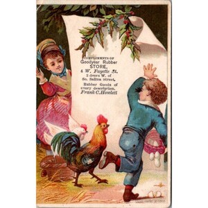 Goodjahr Rubber Store Trade Card Antike Werbung viktorianischen Syracuse New York Frank C Howlett Boy Girl Rooster