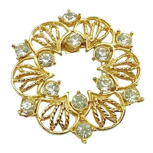 Vintage goldfarbene Strass filigrane Kranz Brosche Pin
