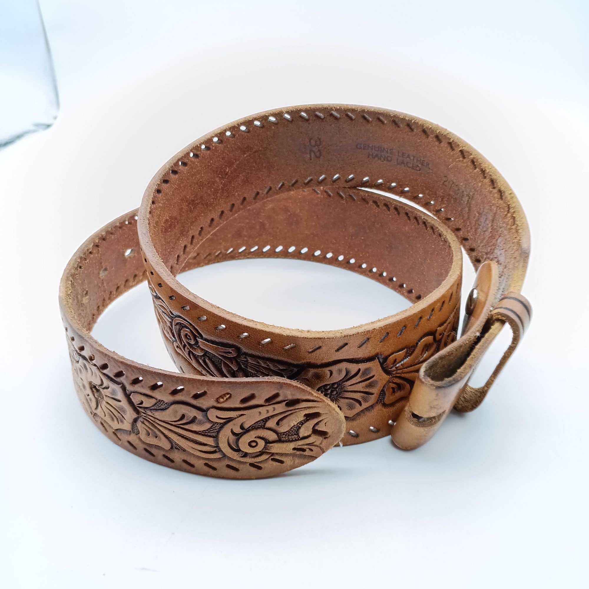 Vintage Tooled Genuine Leather Embossed Belt With Floral  display picture 1