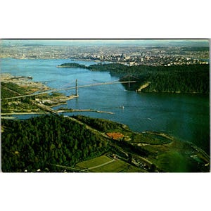 Cartão postal vintage de Vancouver, B.C., de 1963, vista aérea da Ponte Lions Gate e do Parque Stanley