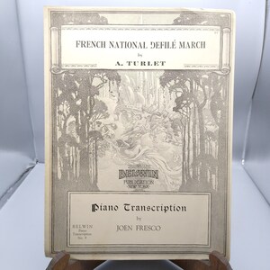 Partituras vintage, Marcha nacional francesa del desfiladero de Turlet, Transcripción para piano nº 9 de Joen Fresco, Belwin 1923