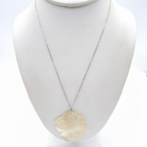 Carved Mother of Pearl Flower Pendant Necklace, Vintage Floral on Delicate Sterling Silver Chain