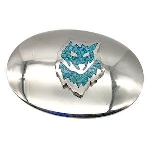 Vintage Western Silver Belt Buckle with Turquoise Inlay Wolf
