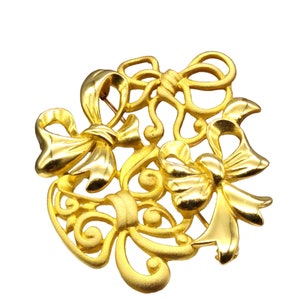 Vintage Tona Bows Brooch, Holiday Gold Tone Matte and Satin, Elegant Christmas Pin