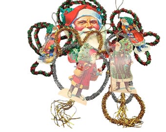 Vintage Santa Claus Scrap Tinsel Christmas Ornaments Set Of 5 Reproduction Victorian Made in 1980s Gold/Silver/Red/Green Holiday Decor