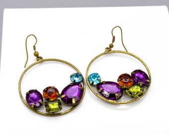 Colorful Glam Hoop Earrings, Vintage Crystal Multi Color Sparkle Dangles