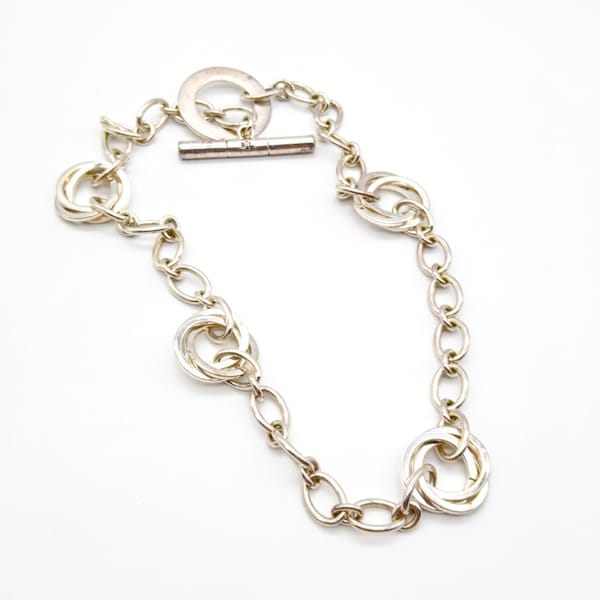 RLL Silver Tone Chain Necklace, Ralph Lauren Choker Oval Links with Interlocking Circle Stations