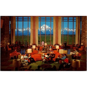 Cartolina d'epoca cromata Grand Teton, interno Jackson Lake Lodge, Parco Nazionale Wyoming Mountain View Picture Window, Unposted Divided Back