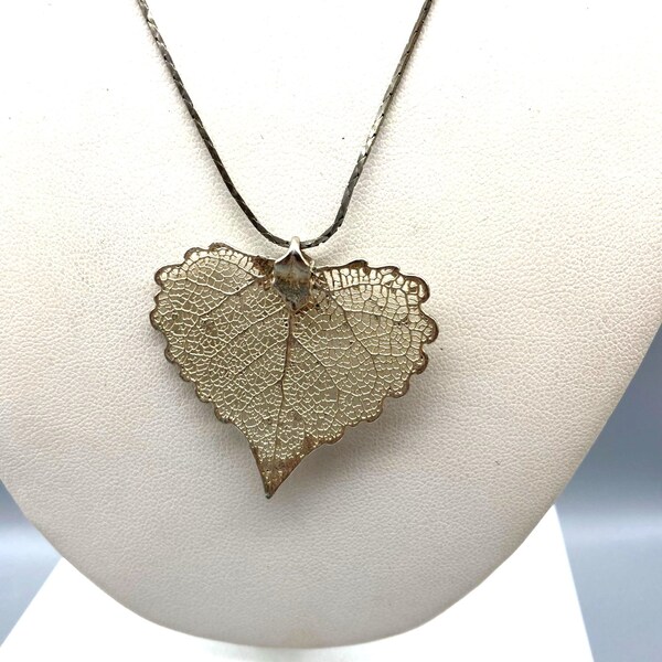 Vintage Cottonwood Leaf Pendant Necklace, Silver Dipped Botanical on Silver Tone Chain