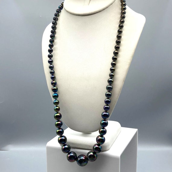 Retro Oil Slick Beads Graduated Necklace, Black P… - image 4