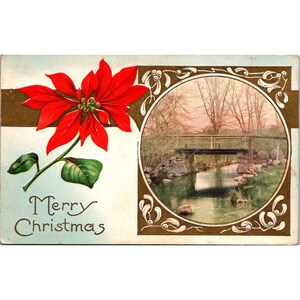 Cartolina di Natale vintage di Whitney con stella di Natale e ponte panoramico