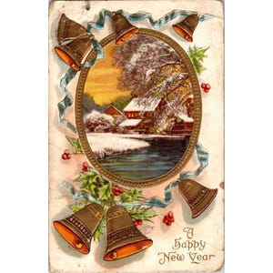 Carte postale ancienne en relief avec cloches et scène d'hiver - « Une bonne année » pour les fêtes