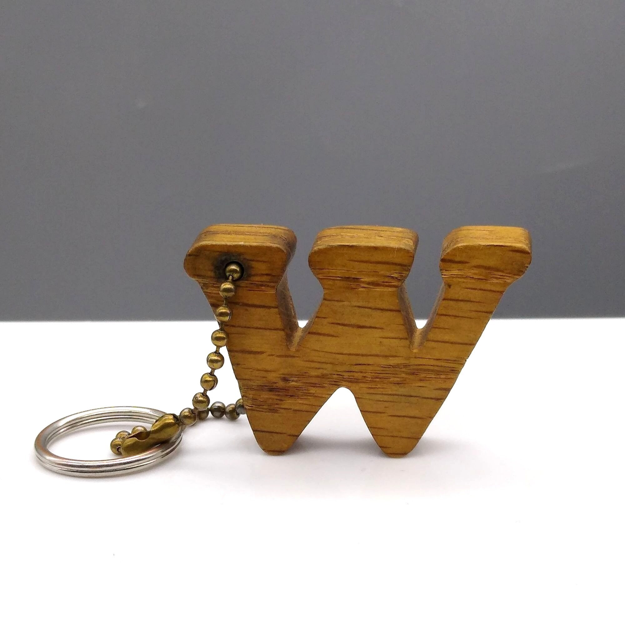 Vintage Initial W or M Keychain Fob, Carved Wood Letter