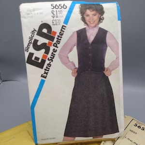 May include: Simplicity sewing pattern number 5656 for a vest and skirt. The pattern is for an extra-sure fit and includes instructions for making a vest and a skirt. The pattern is for sizes 12, 14, and 16. The price is $1.50 USD and £1.35 GBP.