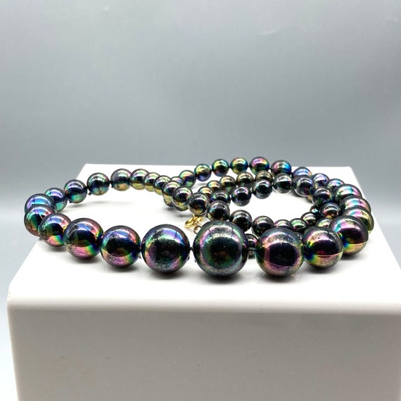 Retro Oil Slick Beads Graduated Necklace, Black P… - image 3