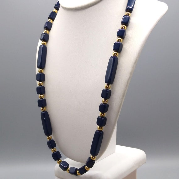 Vintage Trifari Beaded Necklace, Navy Blue and Go… - image 1