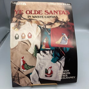 Wzory na płótna vintage Waste, projekty ubrań Ye Olde Santa na Boże Narodzenie 1988, ulotka Leisure Arts Needlework Crafts 613