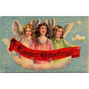 Carte postale de voeux de Pâques 1912 vintage avec anges tenant une bannière