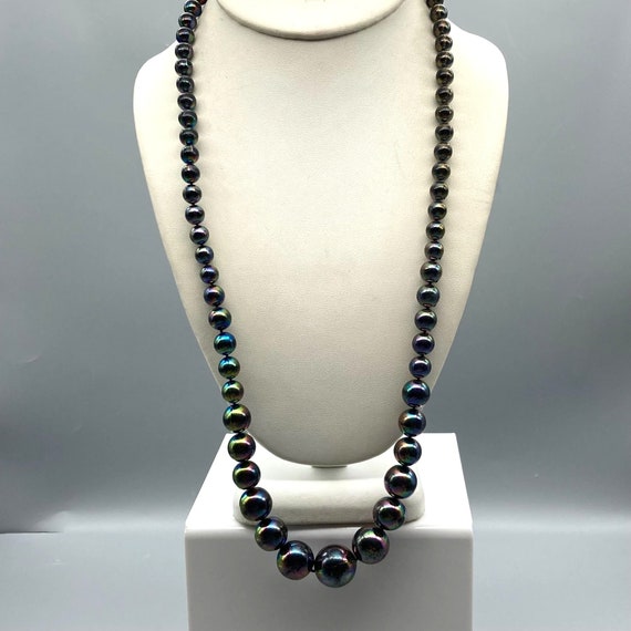 Retro Oil Slick Beads Graduated Necklace, Black P… - image 2