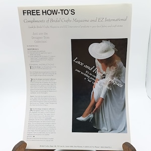 May include: A how-to guide for using lace and pearl appliques on wedding gowns, hats, and shoes. The guide includes instructions on how to use different types of glue and how to apply the appliques. The image shows a model wearing a white wedding gown with lace and pearl appliques.