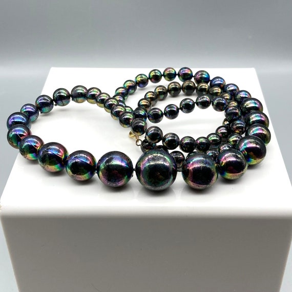 Retro Oil Slick Beads Graduated Necklace, Black P… - image 1