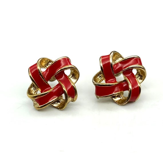 Red and Gold Knot Earrings, Vintage Gold Tone and… - image 2