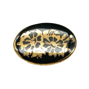 Vintage Gold & Black Floral Oval Brooch Porcelain Lapel Pin