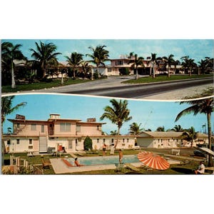 Cartolina d'epoca del Siesta Terrace Motel, Naples-On-The-Gulf, Florida, anni '60, vista panoramica, piscina e palme