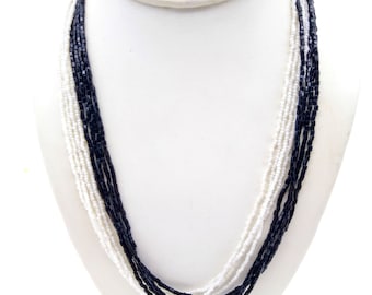 Neutral Seed Bead Torsade Necklace, Black and White Vintage Strands, Multi Strand Classic