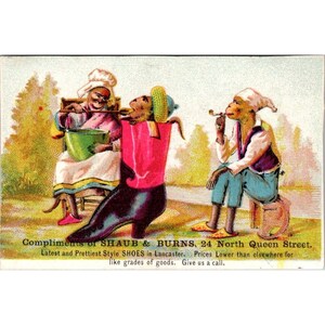 Shaub & Burns Trade Card Antieke ReclameSCHOENEN Victoriaanse Apenfamilie Antropomorfe Lancaster Pennsylvania