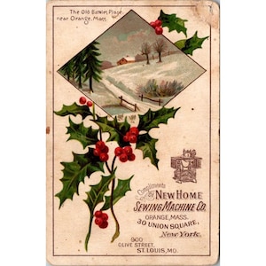Neue Heim-Nähmaschinen-Handelskarte, antike Werbung, Old Battles Place, Orange, Massachusetts, viktorianische Weihnachts-Stechpalmen- und Winterszene