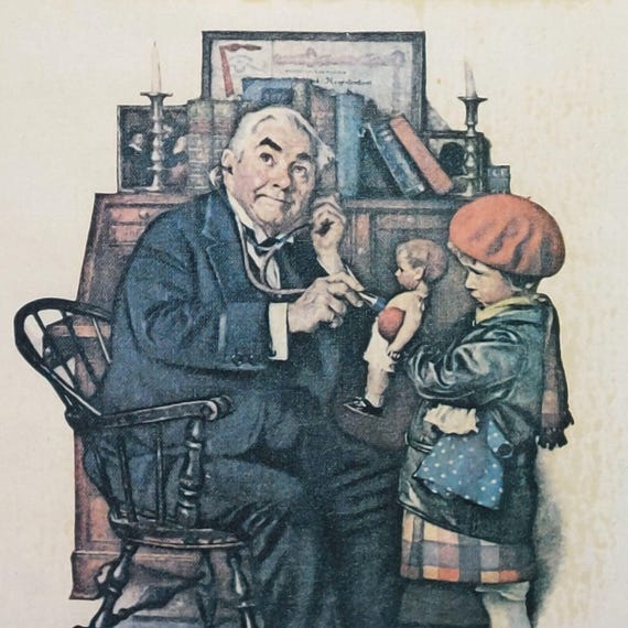 ノーマン・ロックウェル「Doctor and the Doll」ディズニー版 Norman Rockwell 1972 Doctor and the Doll Vintage Framed Art Print
