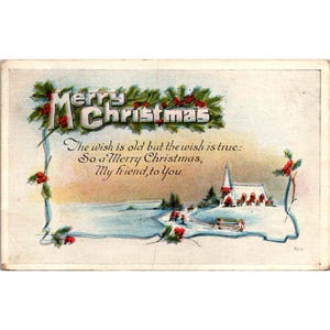 Cartolina di Natale vintage del 1919 con scena invernale e chiesa