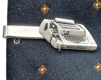 Vintage AT&T Robbins Co. Teletype Tie Clip Silver Tone Mens Accessory Collectible Typewriter Design