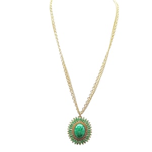 Vintage Gold-Tone Sunburst Pendant Necklace with Green Marbled Cabochon & Long Double Strand Chain