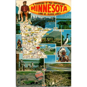 Cartolina d'epoca del Minnesota, Panorama di Paul Bunyanland, Terra dei 10000 laghi, Minnesota settentrionale, Novità da collezione