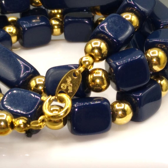 Vintage Trifari Beaded Necklace, Navy Blue and Go… - image 4