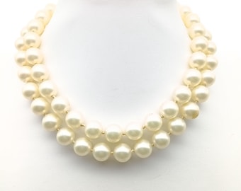 Vintage Double Strand Faux Pearl Necklace, Knotted with Gold Tone Clasp