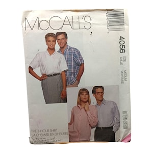 McCalls 4056 Vintage Sewing Pattern For Mens & Womens Button-Up Shirts Medium Size 1980s