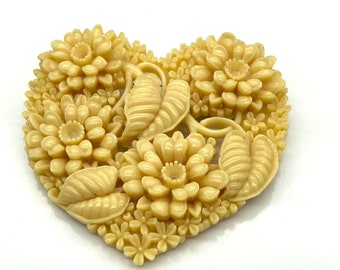 Vintage Carved Celluloid Brooch, Cream Colored Hearts and Flowers, Romantic Gift Lapel Pin, Stamped Japan