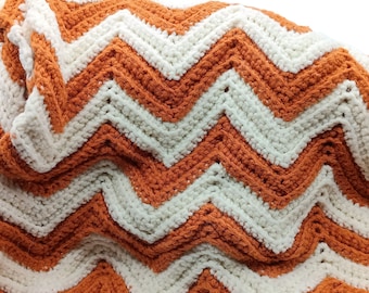 Orange and White Chevron Oversized Afghan Throw, Hand Knitted or Crocheted Ripples Zig Zag Pattern Blanket 46x100