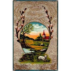 Antike geprägte Ostergrüße Postkarte, Kirche Pastoralszene Lamm Frühlingsknospen, viktorianisches Goldenes Zeitalter Ephemera