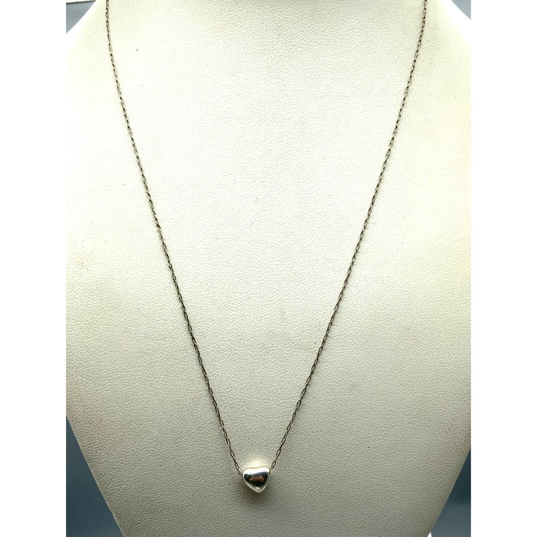 Vintage Sterling Silver Heart Slide Pendant Necklace Delicate Chain With Tiny Puffy Heart 925