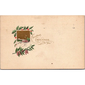 Postal navideña vintage de 1912 con diseño de cabaña y acebo